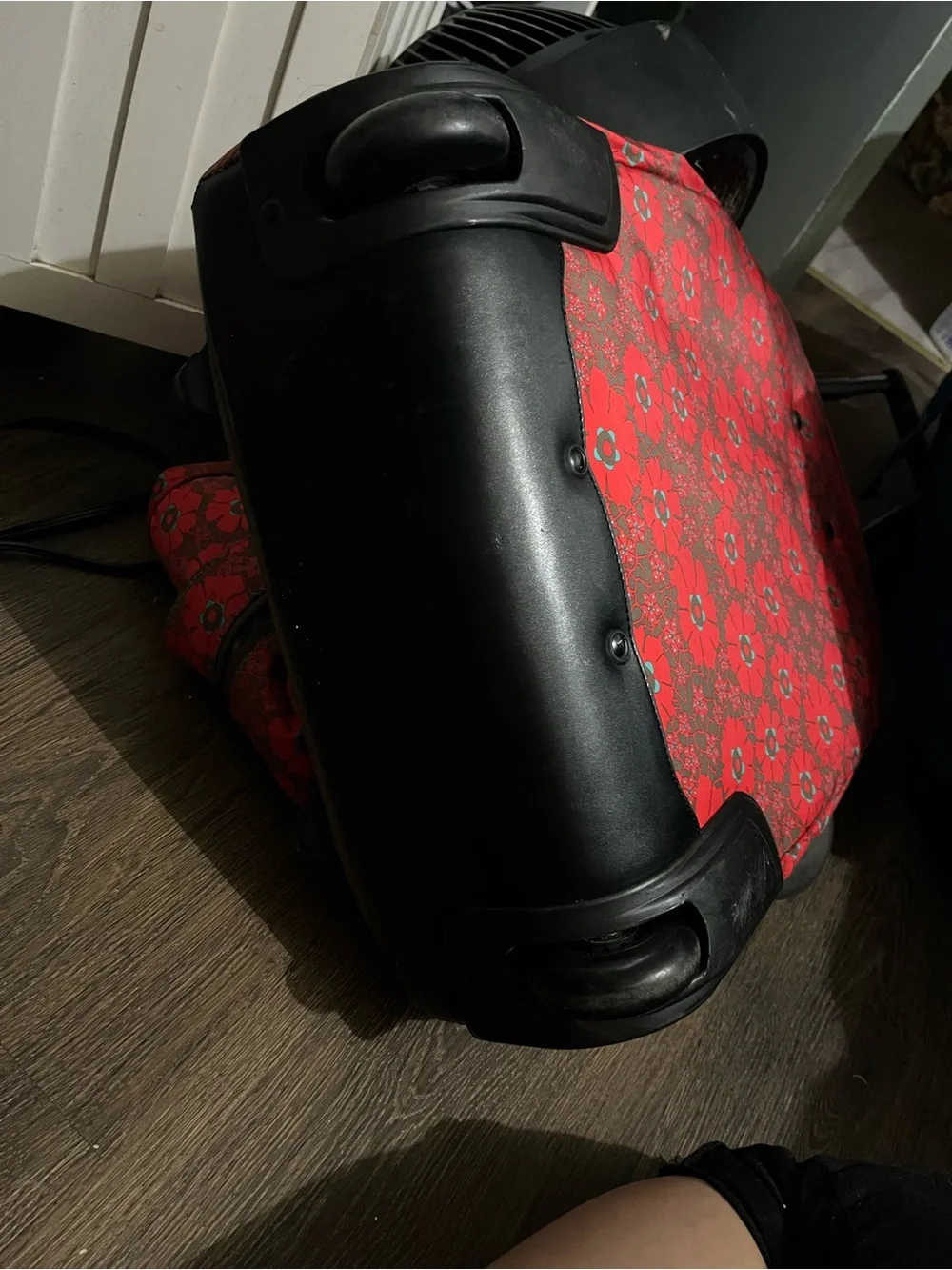 Harajuku Lovers Red Floral Rolling Travel Tote with Teal Accents